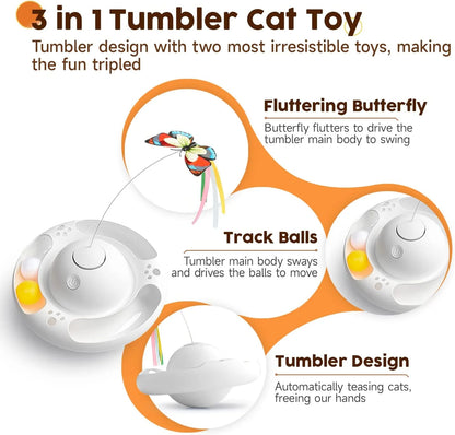 Smart Interactive Cat Toys Upgraded Tumbler with 3 Speeds, Butterfly, Balls, and Paws Kicker