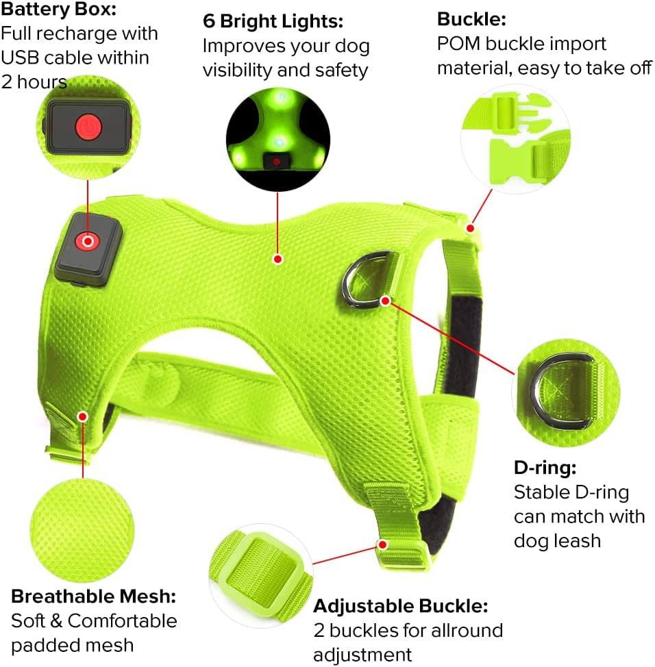 LED Dog Harness, Lighted up USB Rechargeable Pet Harness, Illuminated Reflective Glowing Dog Vest Adjustable Soft Padded No-Pull Suit for Small, Medium, Large Dogs (Green, S)